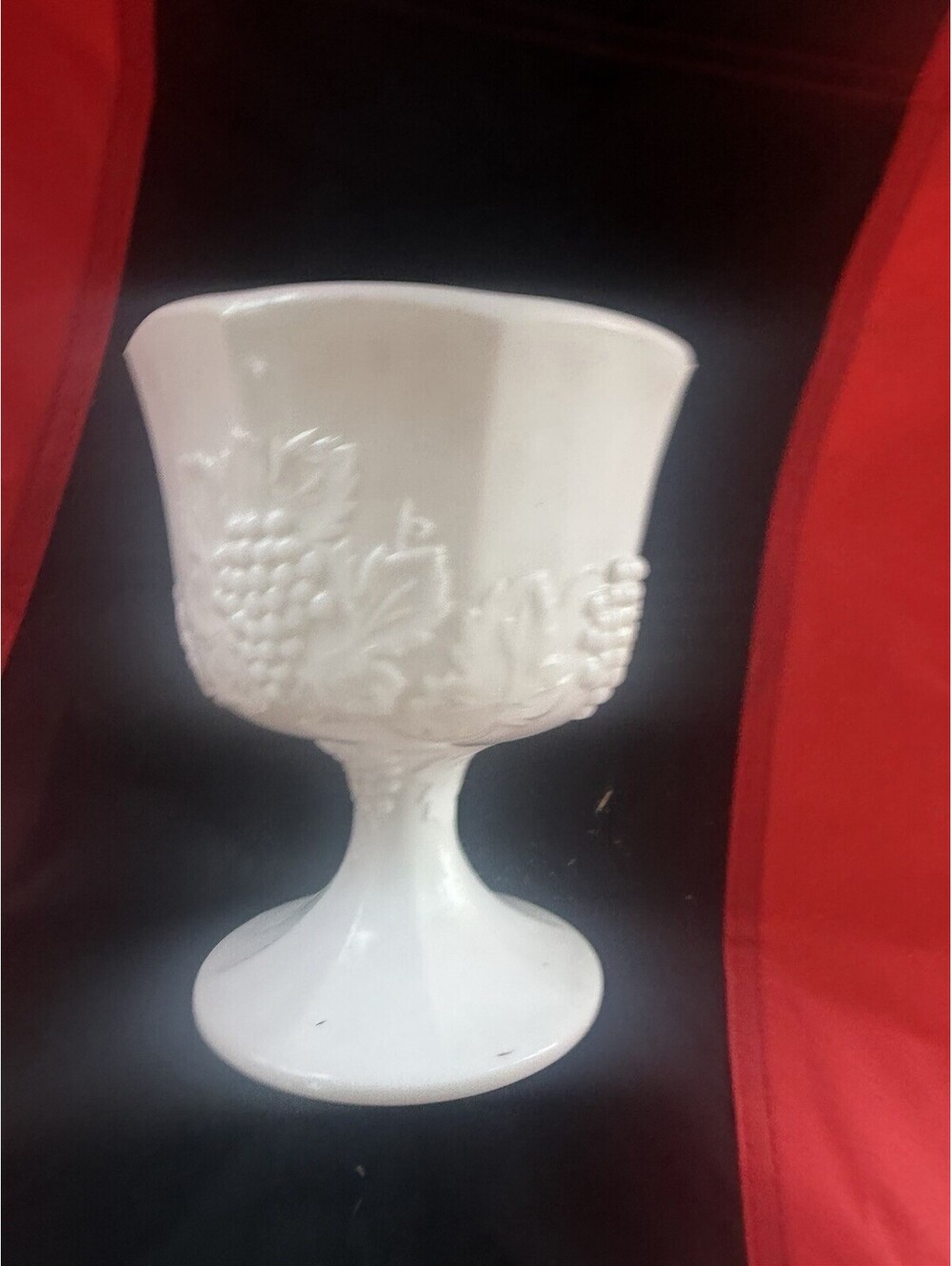 Vintage Indiana Glass White Milk Glass Stemmed Goblet Bowl With Grapes & Leaves